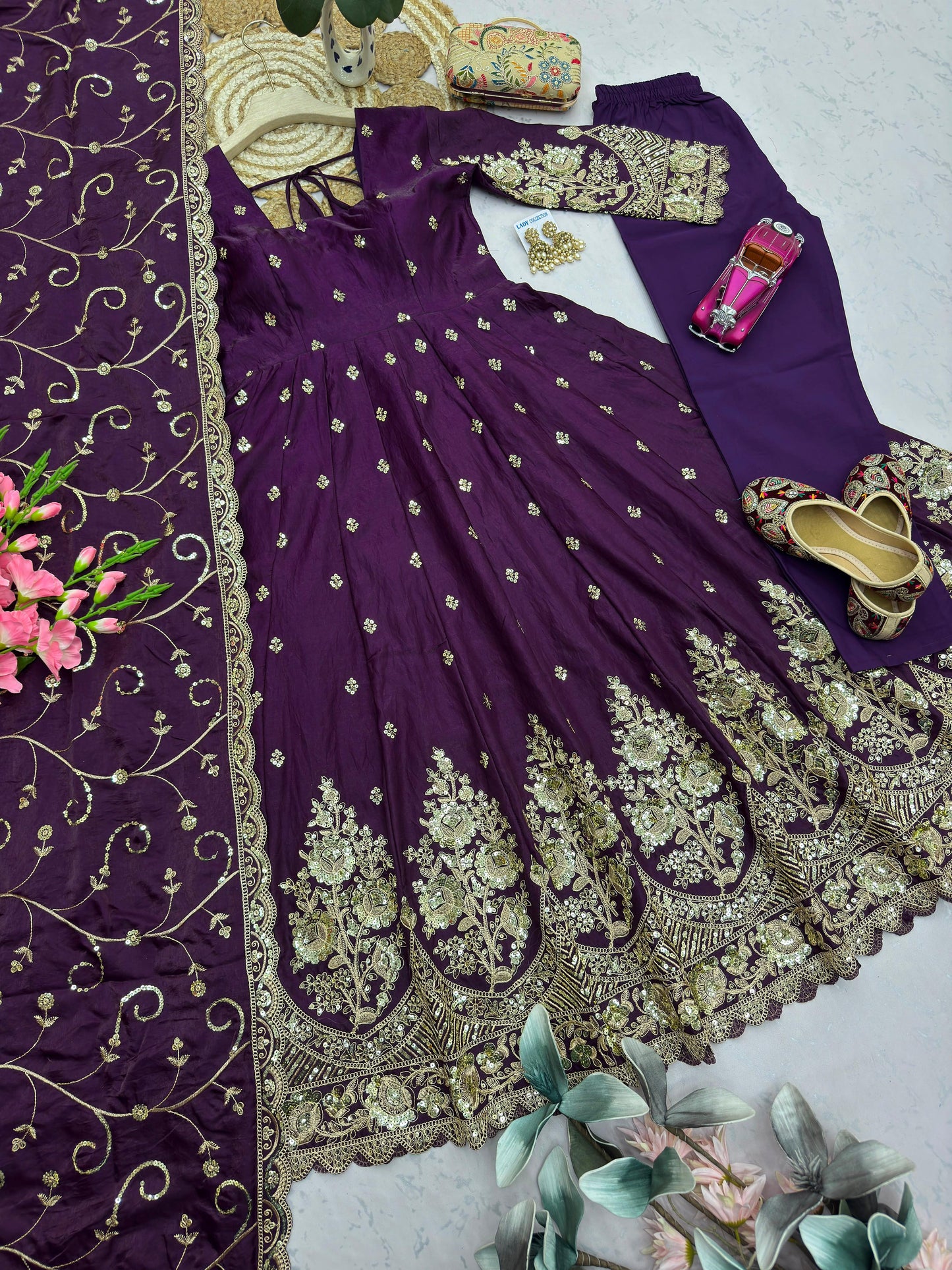 Deep Plum Purple Heavy Jelly Shimmer Silk Embroidered Gown Set with Pant & Dupatta