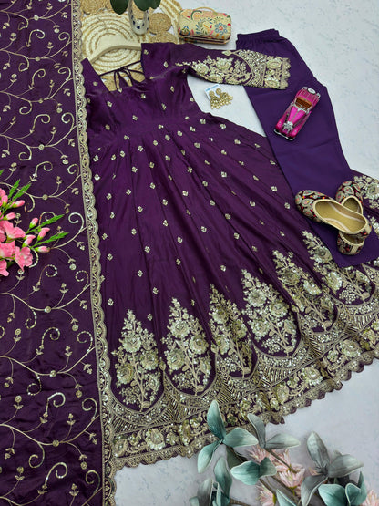 Deep Plum Purple Heavy Jelly Shimmer Silk Embroidered Gown Set with Pant & Dupatta
