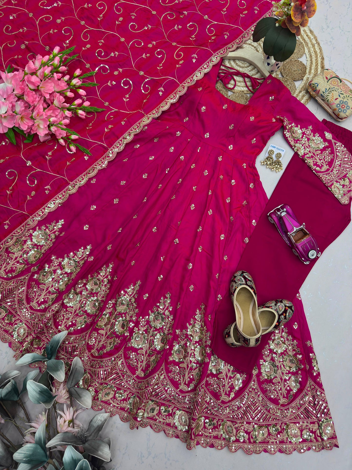 Pink Designer Heavy Jelly Shimmer Silk Embroidered Gown Set with Pant & Dupatta