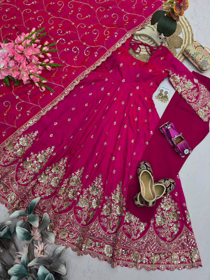 Pink Designer Heavy Jelly Shimmer Silk Embroidered Gown Set with Pant & Dupatta