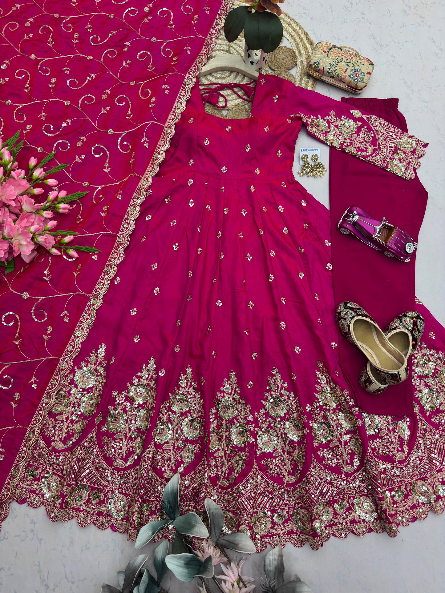 Pink Designer Heavy Jelly Shimmer Silk Embroidered Gown Set with Pant & Dupatta