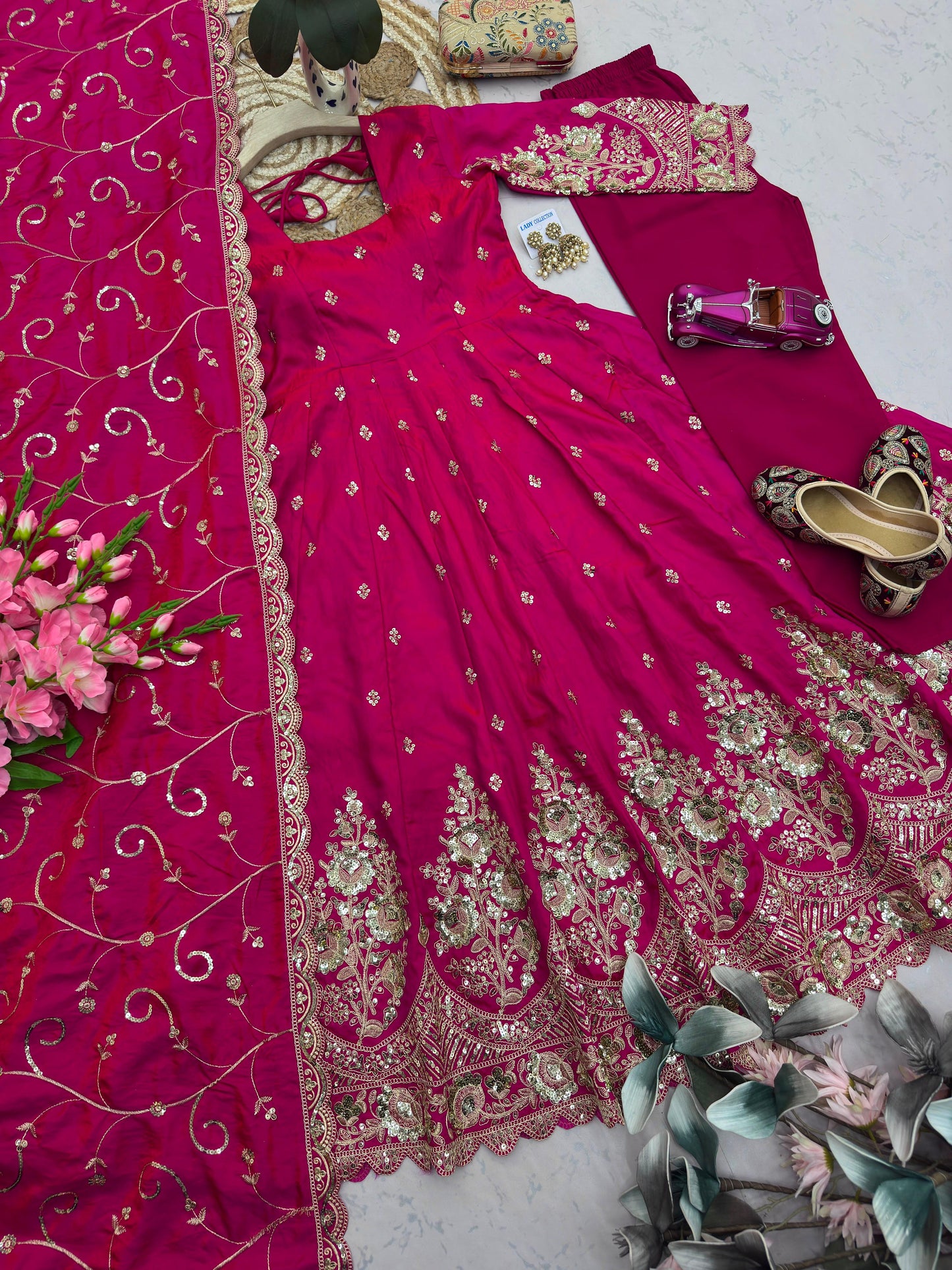 Pink Designer Heavy Jelly Shimmer Silk Embroidered Gown Set with Pant & Dupatta