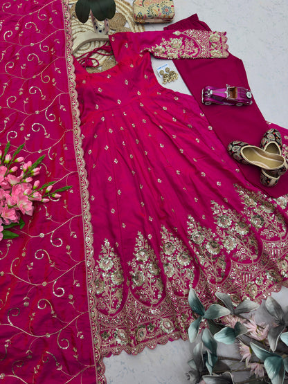 Pink Designer Heavy Jelly Shimmer Silk Embroidered Gown Set with Pant & Dupatta