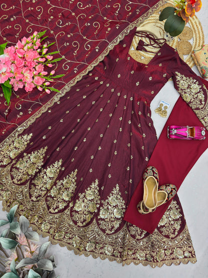 Maroon Designer Heavy Jelly Shimmer Silk Embroidered Gown Set with Pant & Dupatta