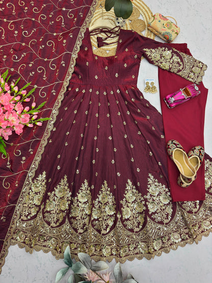 Maroon Designer Heavy Jelly Shimmer Silk Embroidered Gown Set with Pant & Dupatta