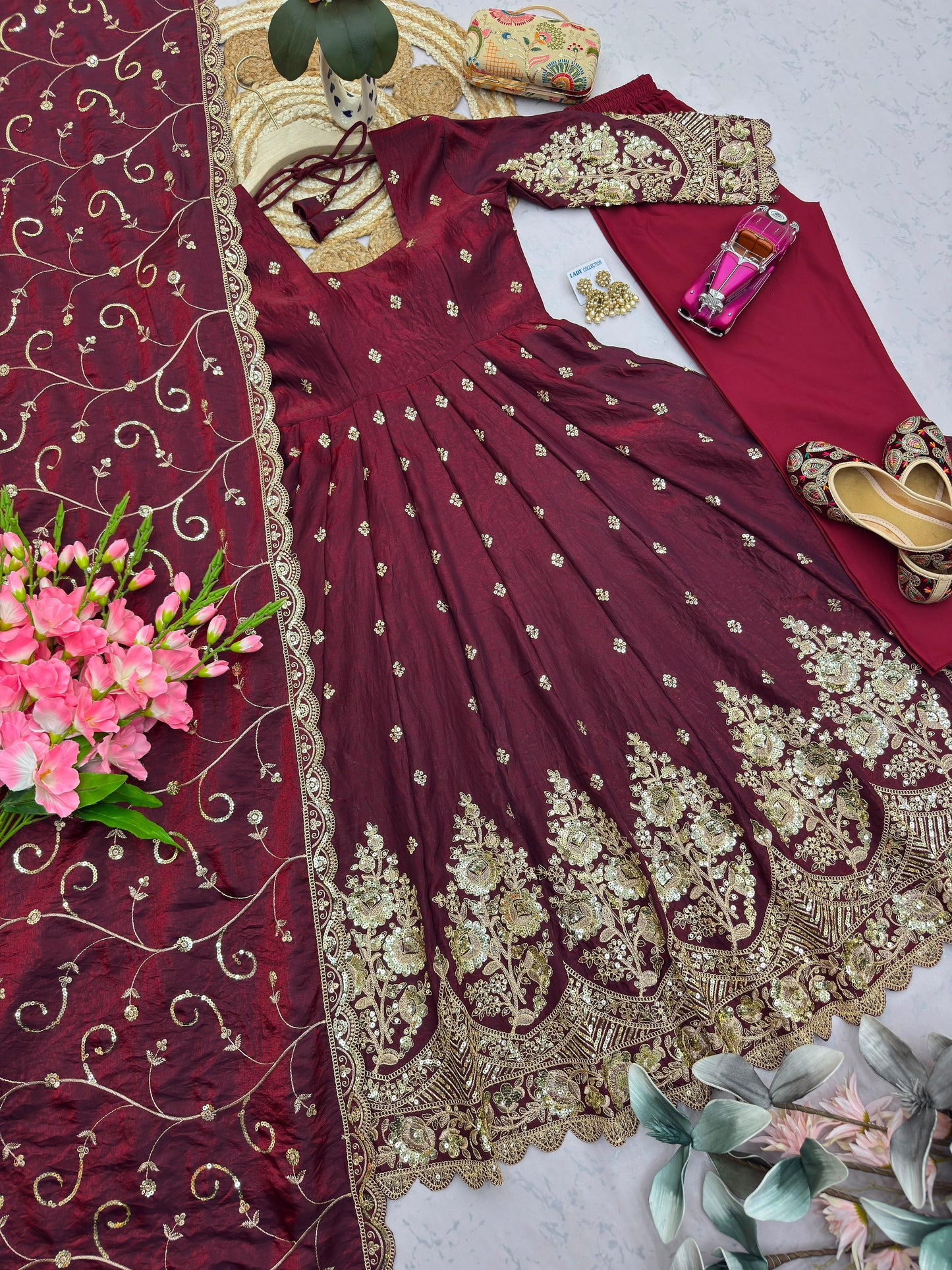 Maroon Designer Heavy Jelly Shimmer Silk Embroidered Gown Set with Pant & Dupatta