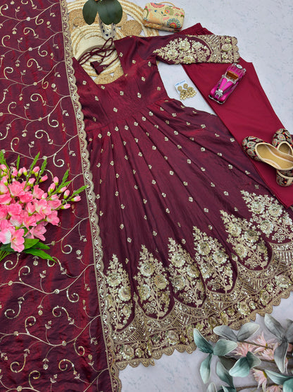 Maroon Designer Heavy Jelly Shimmer Silk Embroidered Gown Set with Pant & Dupatta
