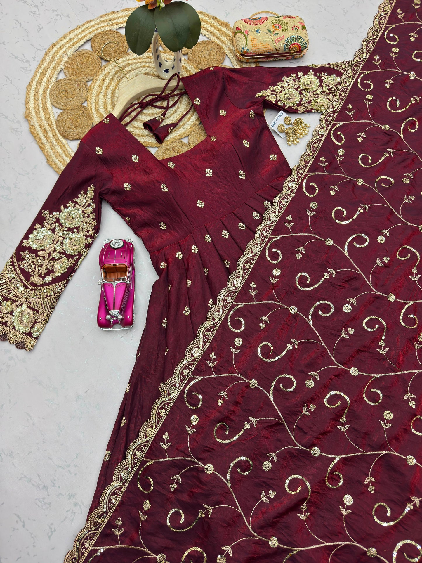 Maroon Designer Heavy Jelly Shimmer Silk Embroidered Gown Set with Pant & Dupatta