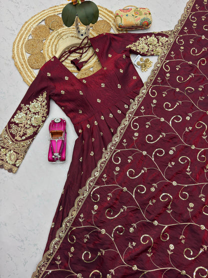 Maroon Designer Heavy Jelly Shimmer Silk Embroidered Gown Set with Pant & Dupatta