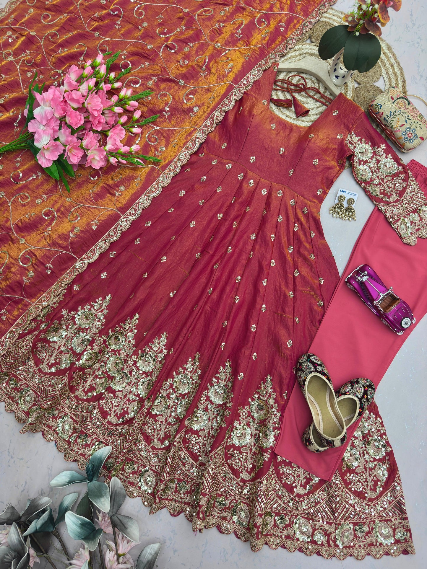 Dusty Rose Heavy Jelly Shimmer Silk Embroidered Gown Set with Pant & Dupatta