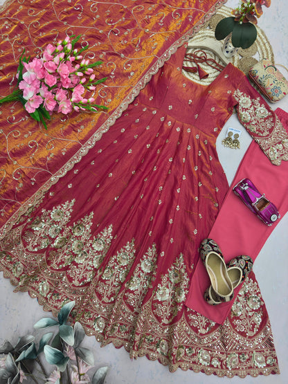 Dusty Rose Heavy Jelly Shimmer Silk Embroidered Gown Set with Pant & Dupatta
