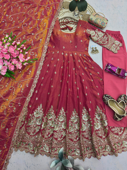 Dusty Rose Heavy Jelly Shimmer Silk Embroidered Gown Set with Pant & Dupatta