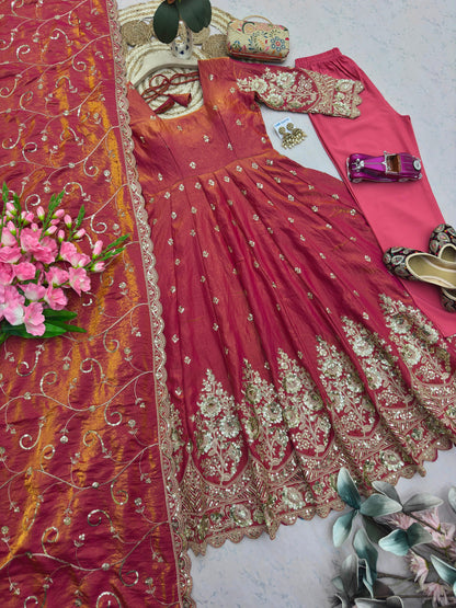 Dusty Rose Heavy Jelly Shimmer Silk Embroidered Gown Set with Pant & Dupatta