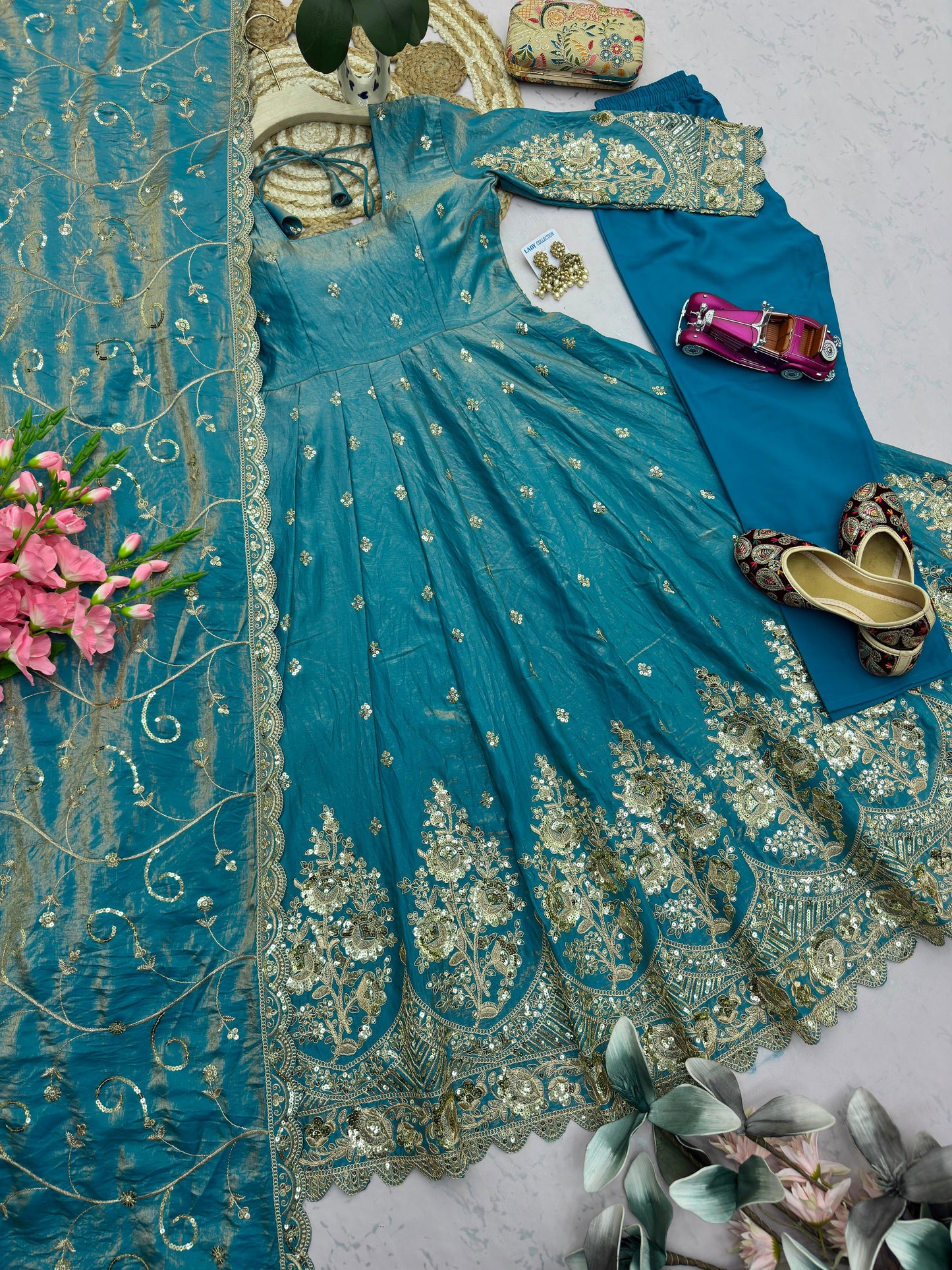 Dusty Steel Blue Heavy Jelly Shimmer Silk Embroidered Gown Set with Pant & Dupatta