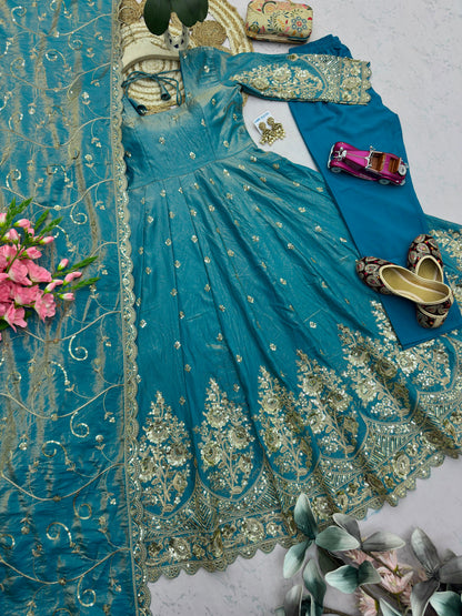 Dusty Steel Blue Heavy Jelly Shimmer Silk Embroidered Gown Set with Pant & Dupatta