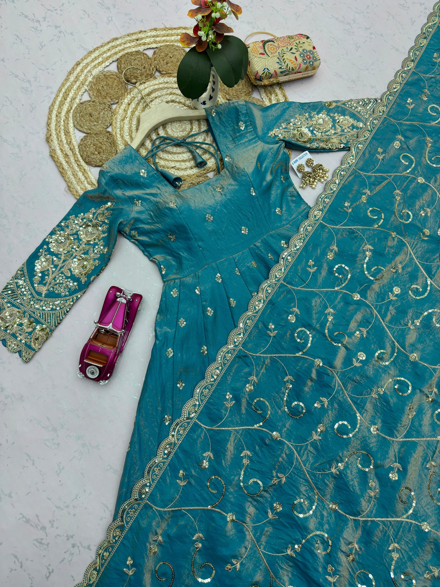 Dusty Steel Blue Heavy Jelly Shimmer Silk Embroidered Gown Set with Pant & Dupatta