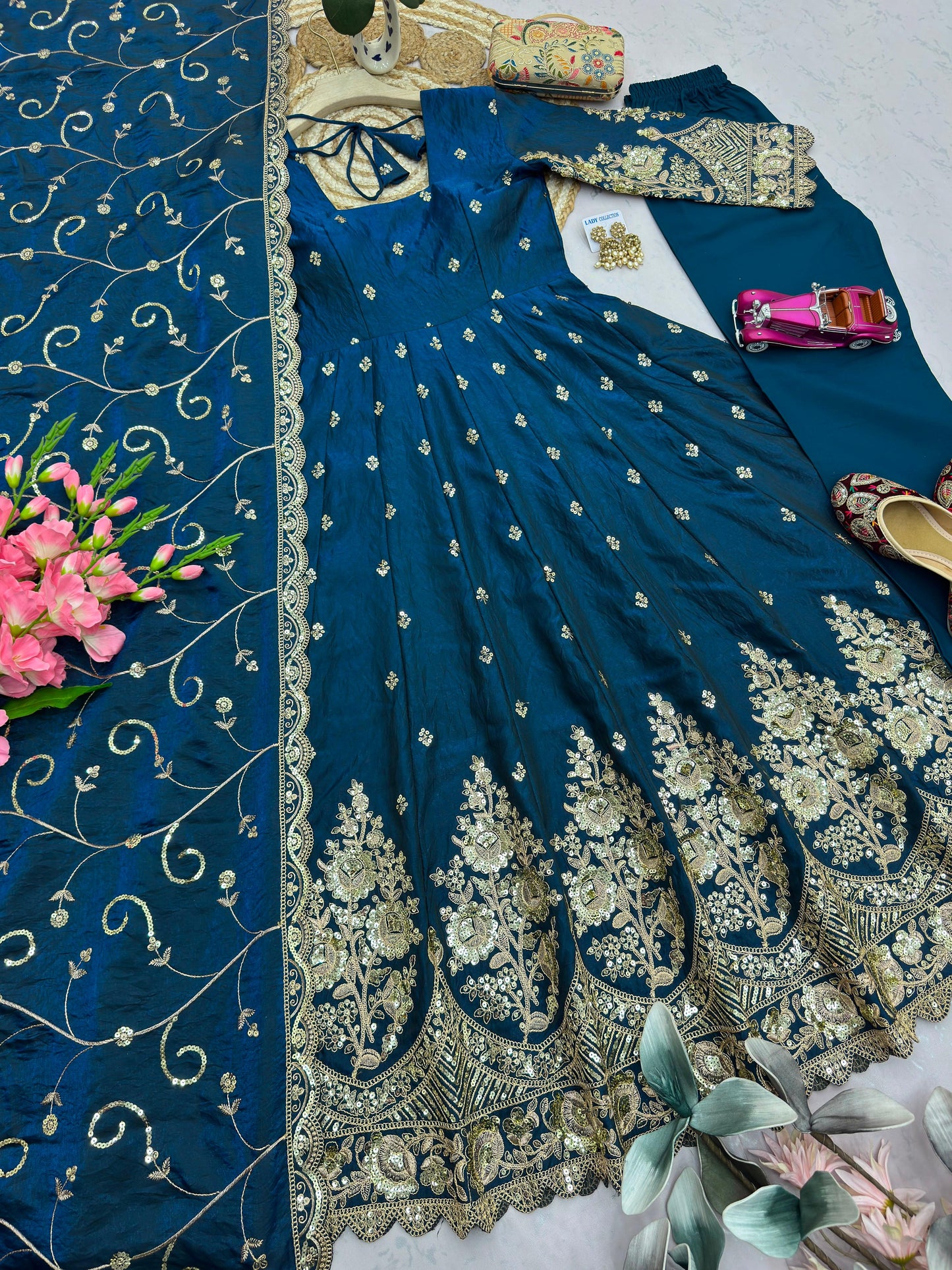 Deep Teal Blue Heavy Jelly Shimmer Silk Embroidered Gown Set with Pant & Dupatta