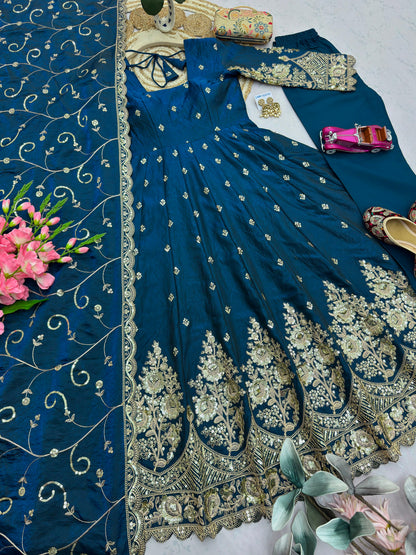 Deep Teal Blue Heavy Jelly Shimmer Silk Embroidered Gown Set with Pant & Dupatta