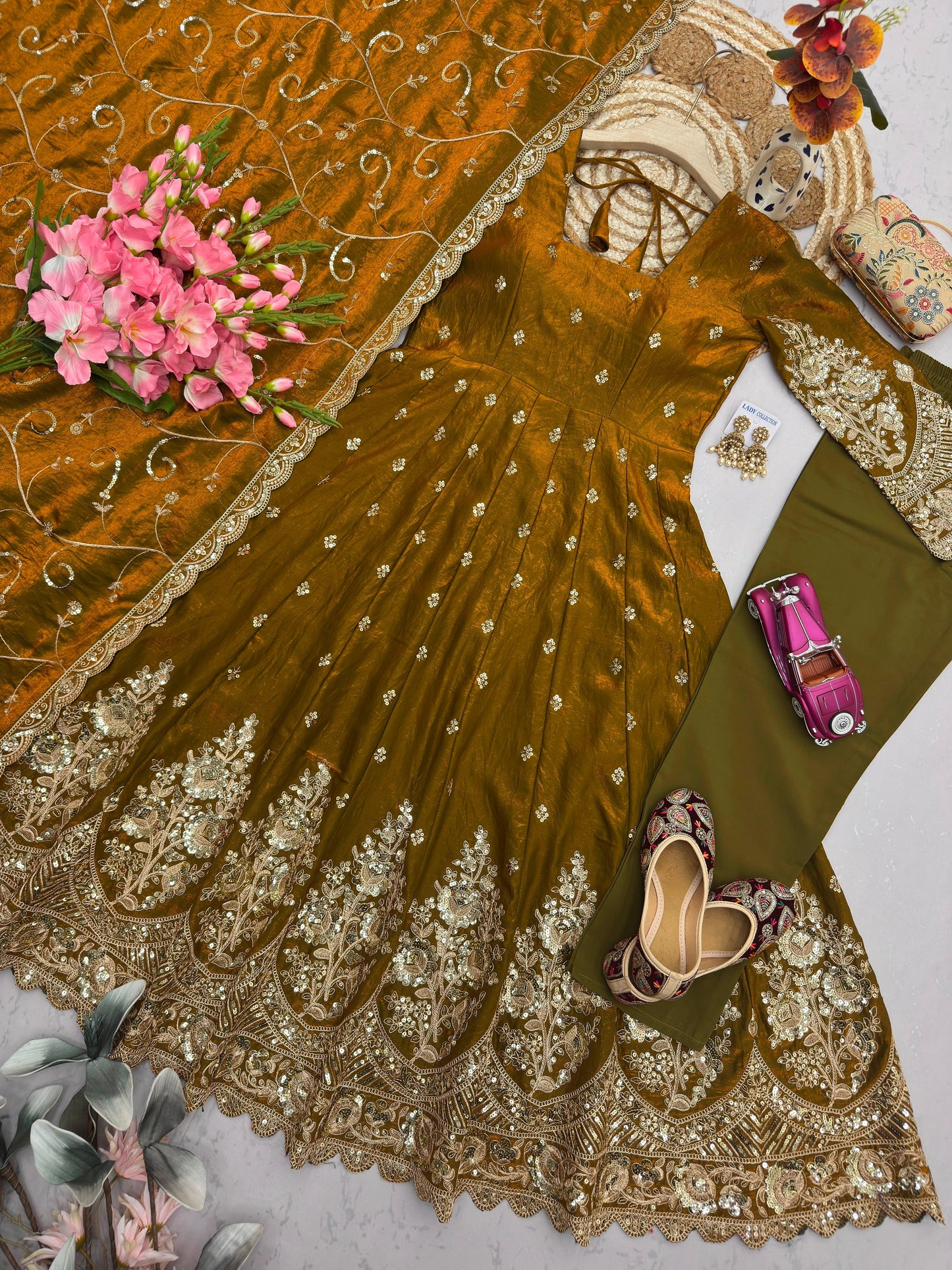 Mustard Olive Heavy Jelly Shimmer Silk Embroidered Gown Set with Pant & Dupatta
