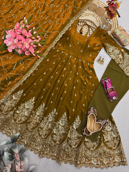 Mustard Olive Heavy Jelly Shimmer Silk Embroidered Gown Set with Pant & Dupatta