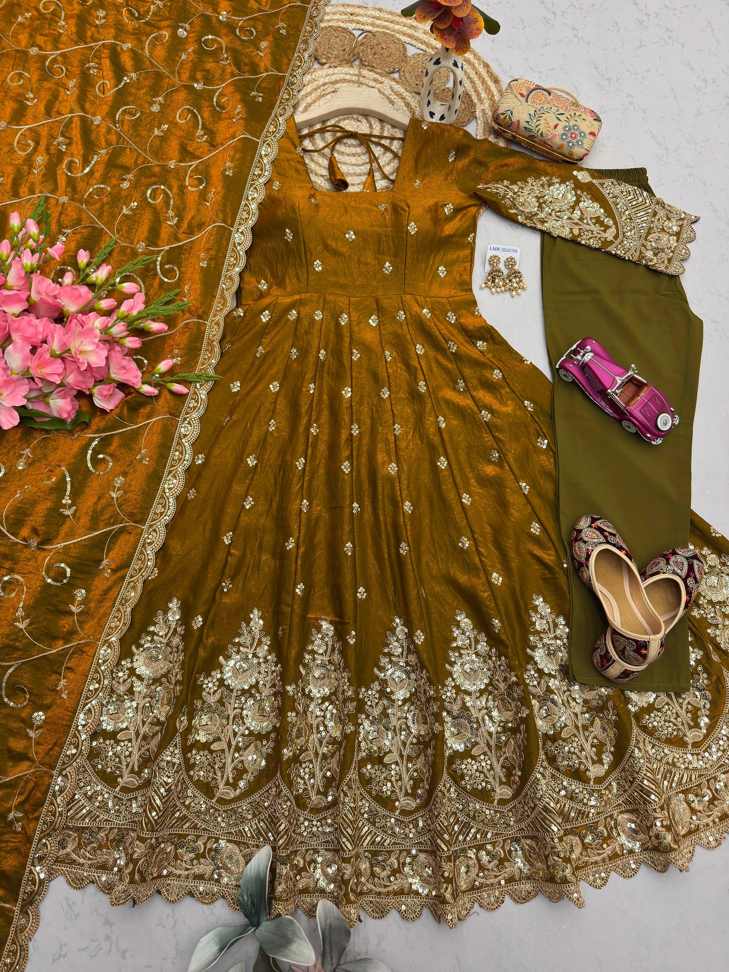 Mustard Olive Heavy Jelly Shimmer Silk Embroidered Gown Set with Pant & Dupatta