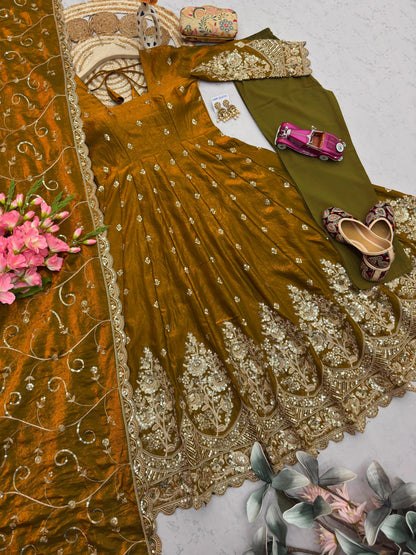Mustard Olive Heavy Jelly Shimmer Silk Embroidered Gown Set with Pant & Dupatta