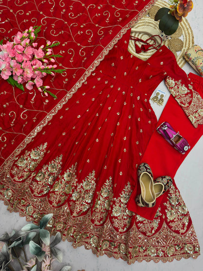 Red Designer Heavy Jelly Shimmer Silk Embroidered Gown Set with Pant & Dupatta