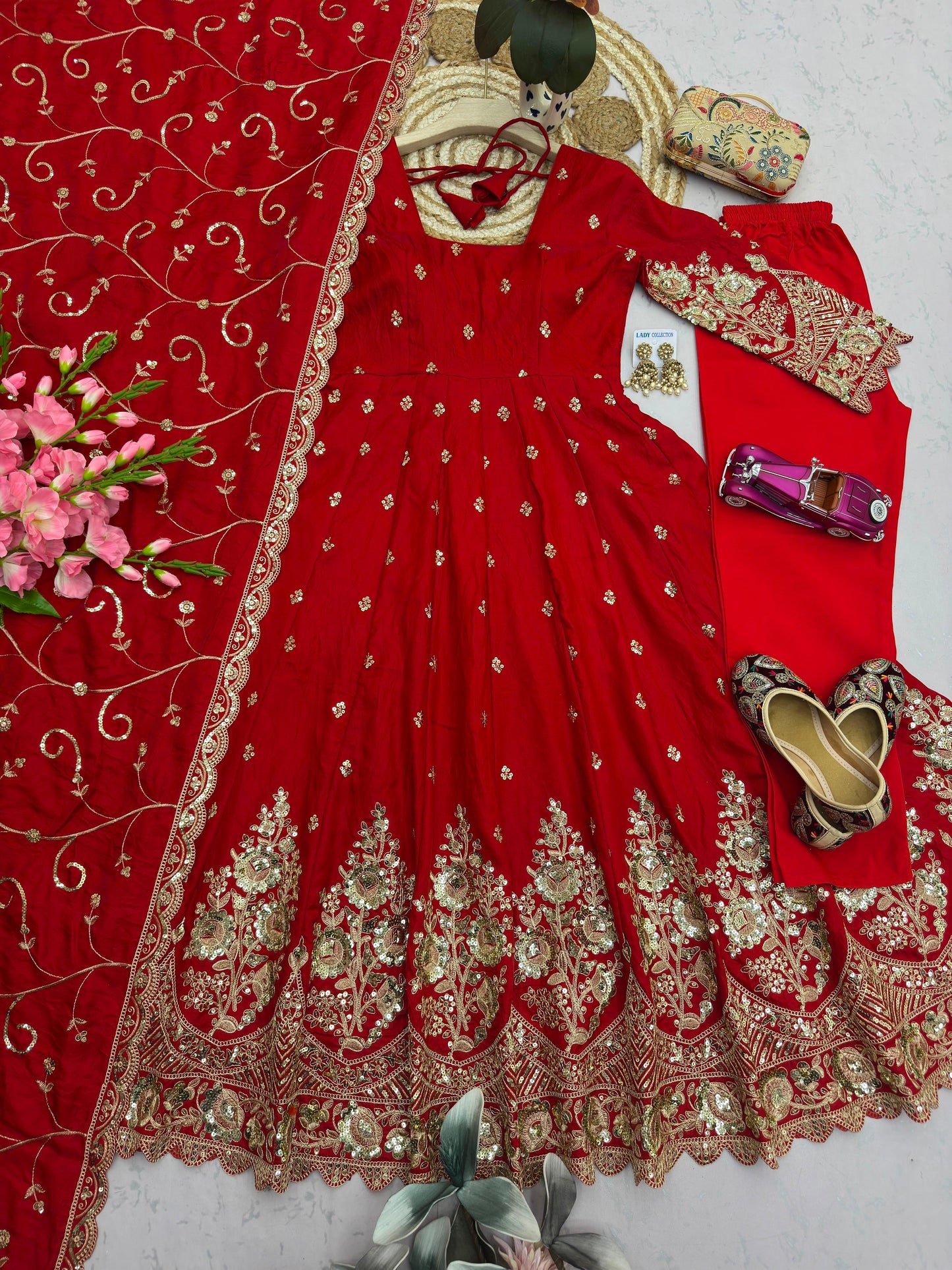 Red Designer Heavy Jelly Shimmer Silk Embroidered Gown Set with Pant & Dupatta