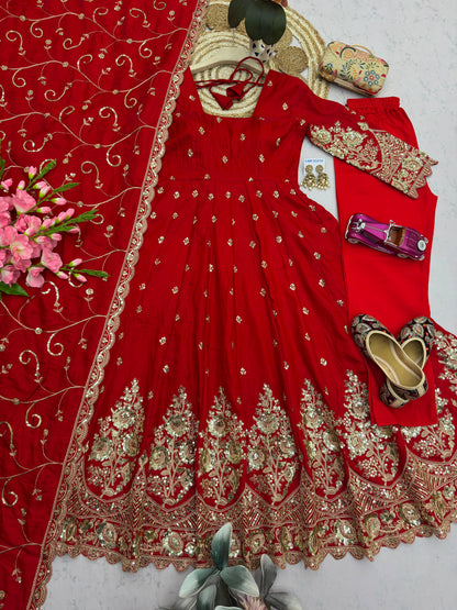 Red Designer Heavy Jelly Shimmer Silk Embroidered Gown Set with Pant & Dupatta