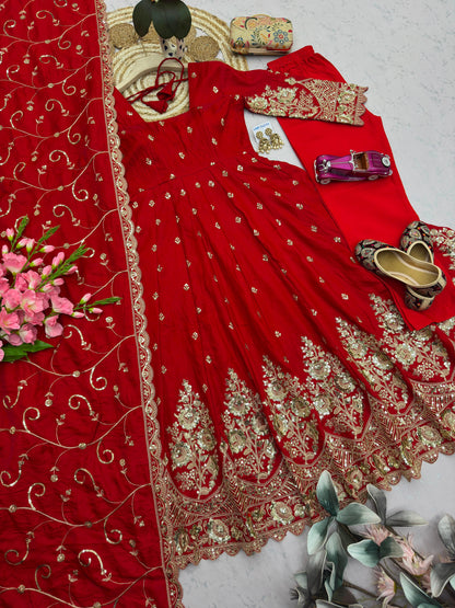 Red Designer Heavy Jelly Shimmer Silk Embroidered Gown Set with Pant & Dupatta