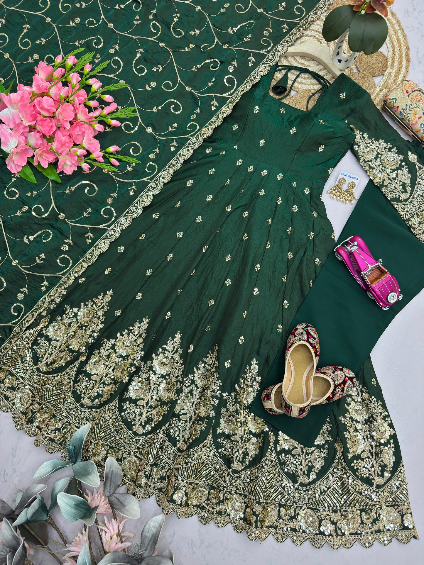 Dark Green Heavy Jelly Shimmer Silk Embroidered Gown Set with Pant & Dupatta