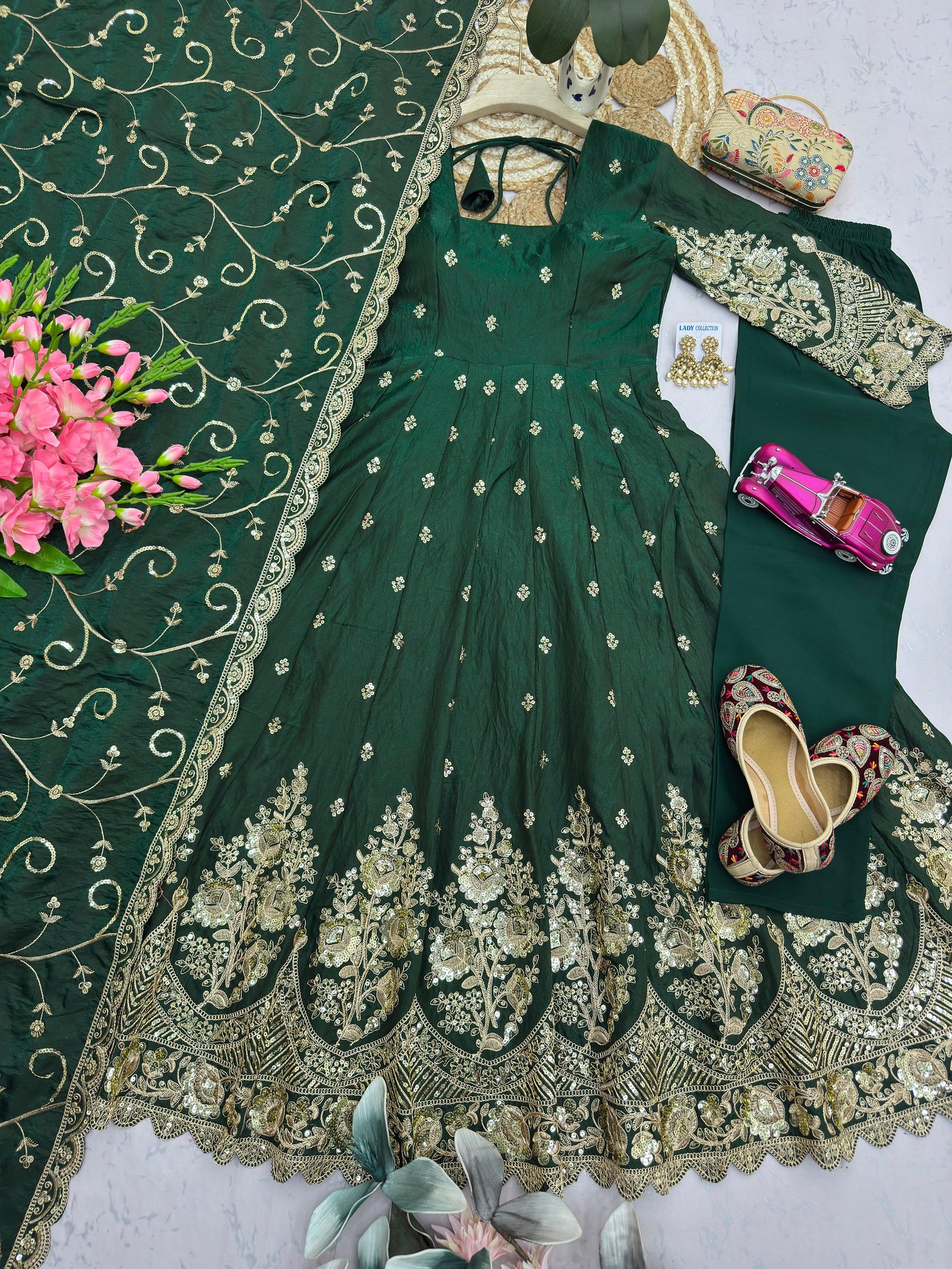 Dark Green Heavy Jelly Shimmer Silk Embroidered Gown Set with Pant & Dupatta