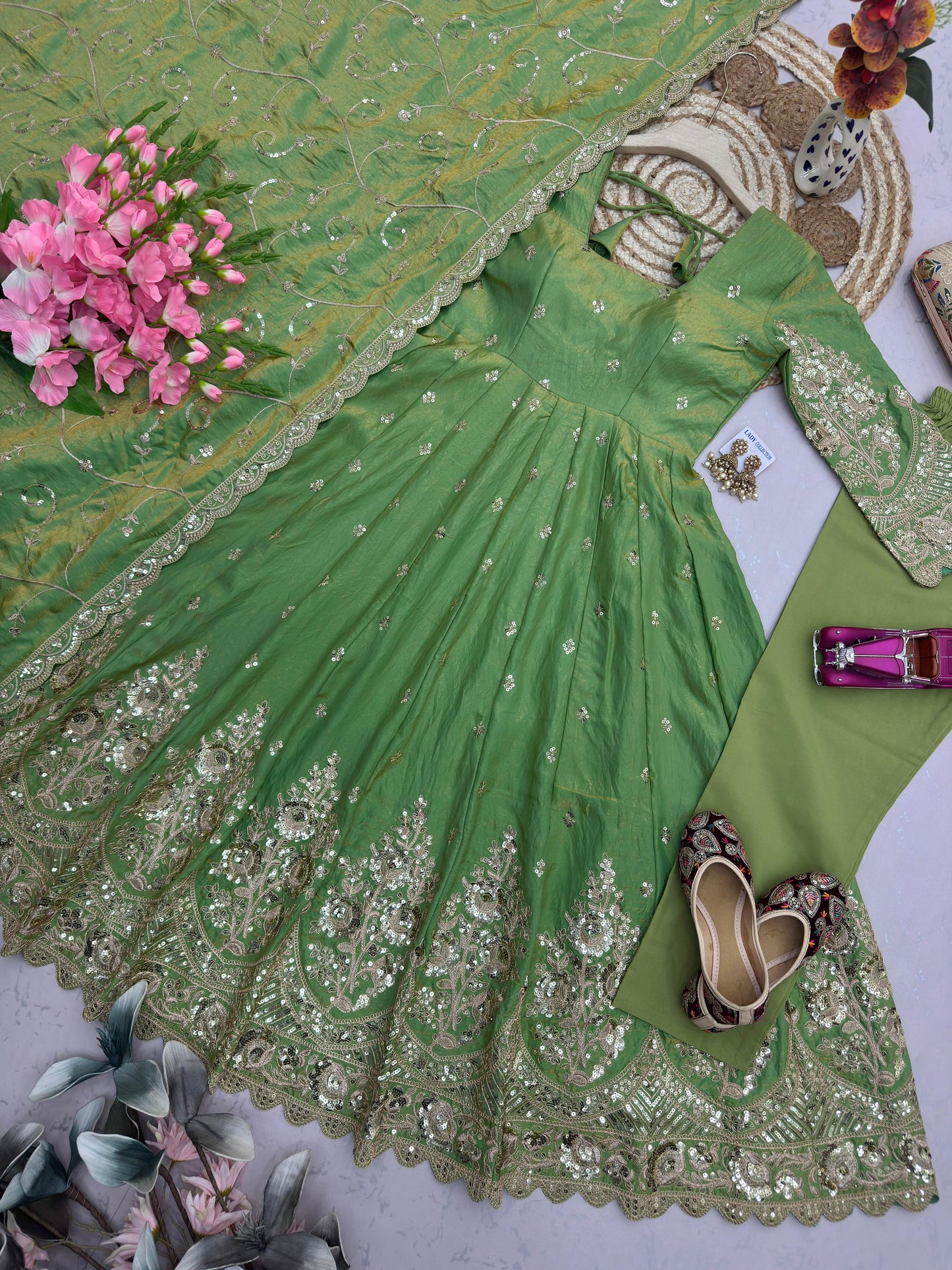 Pista Green Designer Heavy Jelly Shimmer Silk Embroidered Gown Set with Pant & Dupatta