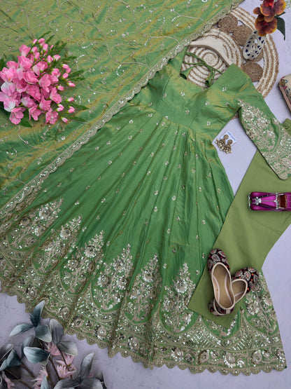 Pista Green Designer Heavy Jelly Shimmer Silk Embroidered Gown Set with Pant & Dupatta