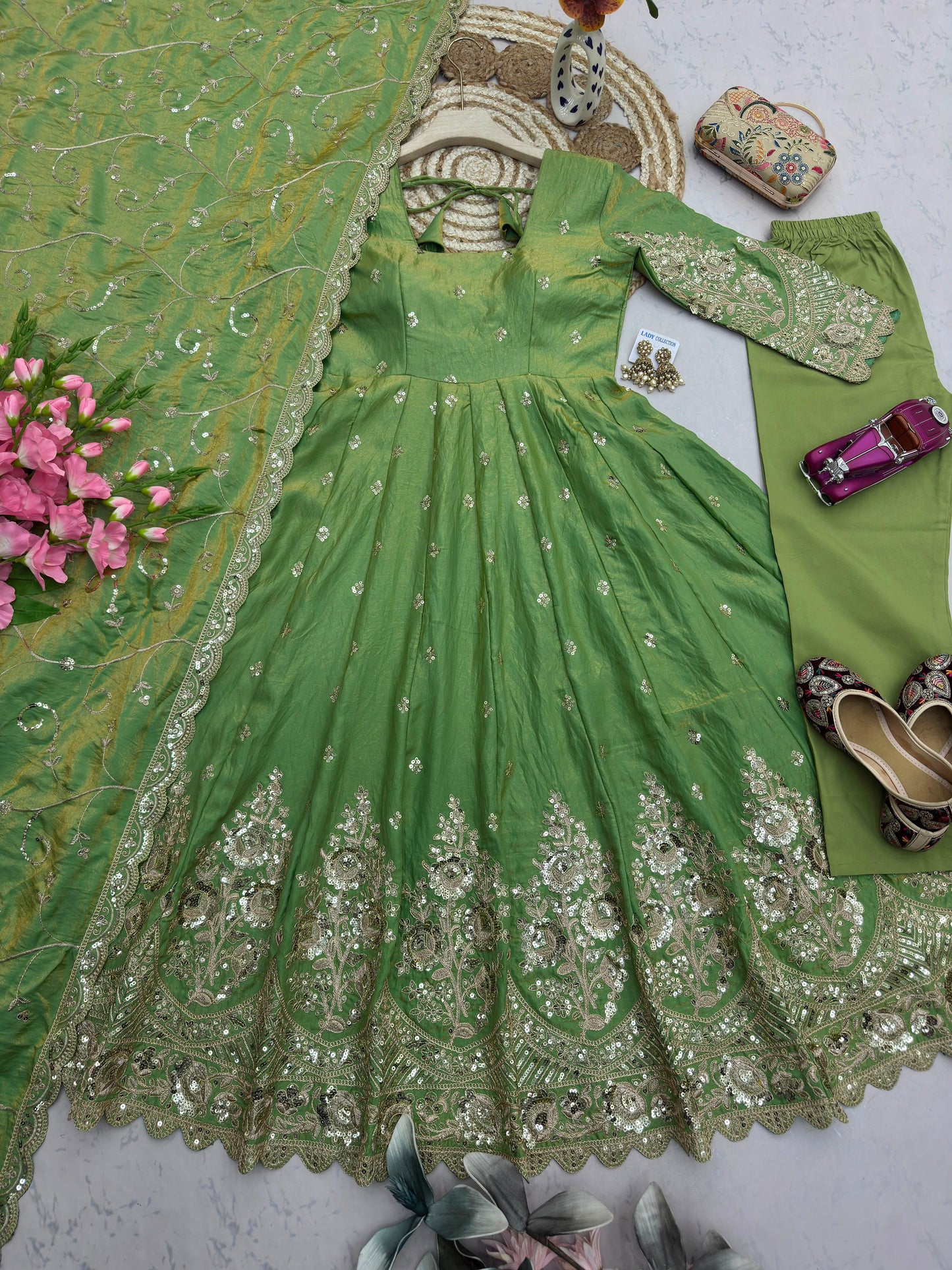 Pista Green Designer Heavy Jelly Shimmer Silk Embroidered Gown Set with Pant & Dupatta