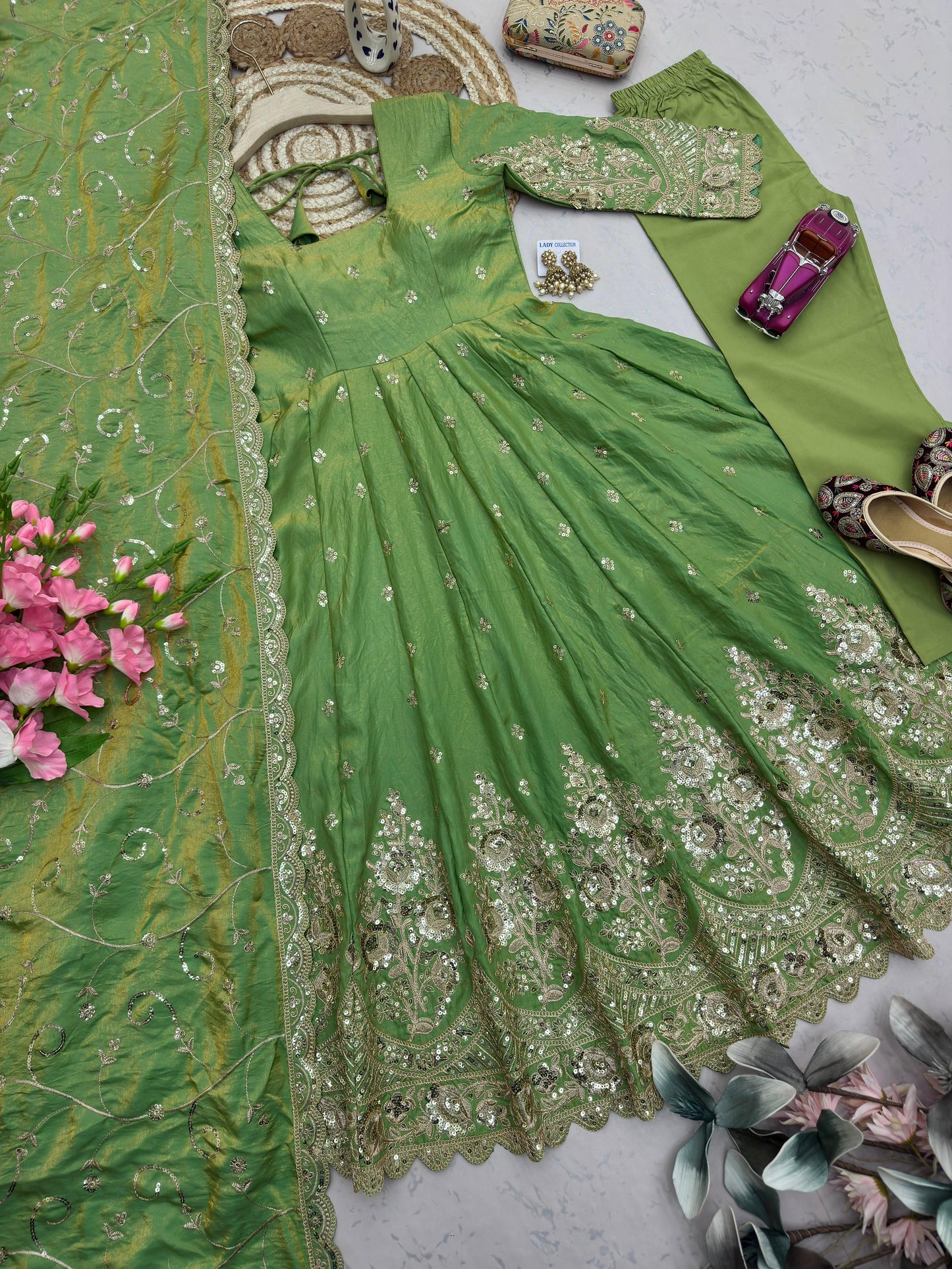 Pista Green Designer Heavy Jelly Shimmer Silk Embroidered Gown Set with Pant & Dupatta