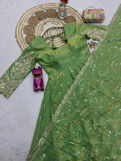 Pista Green Designer Heavy Jelly Shimmer Silk Embroidered Gown Set with Pant & Dupatta