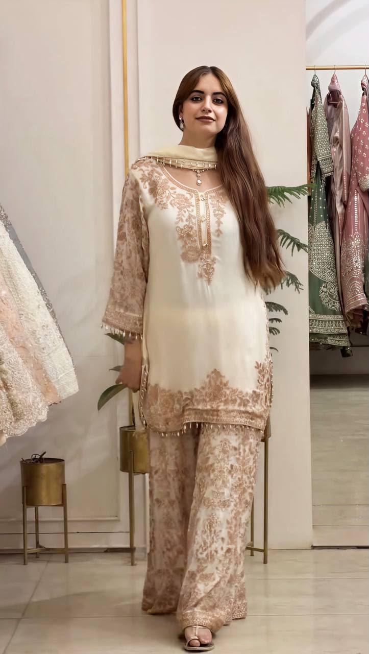 White Faux Georgette Heavy Embroidered Sequin Kurta Pant Dupatta Set