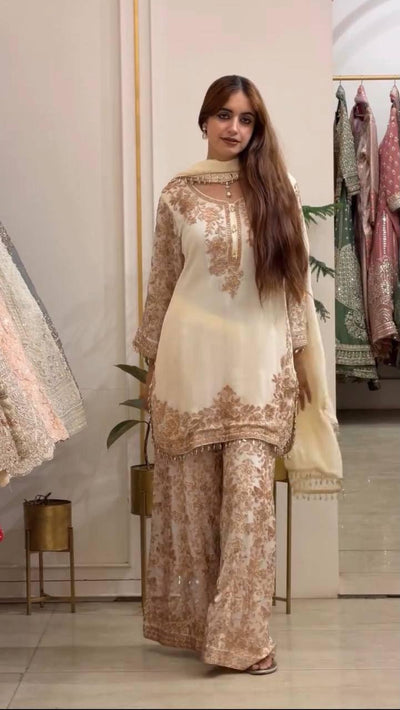 White Faux Georgette Heavy Embroidered Sequin Kurta Pant Dupatta Set
