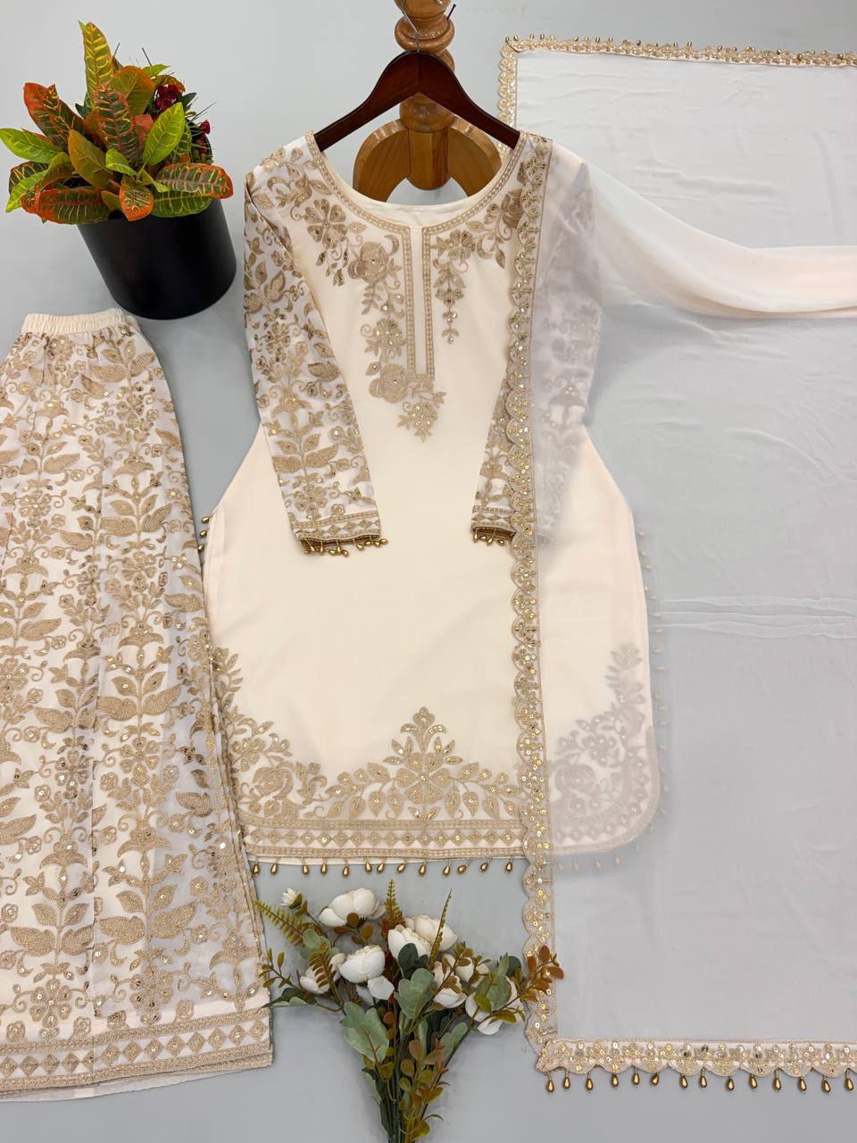 White Faux Georgette Heavy Embroidered Sequin Kurta Pant Dupatta Set