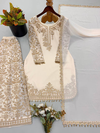 White Faux Georgette Heavy Embroidered Sequin Kurta Pant Dupatta Set