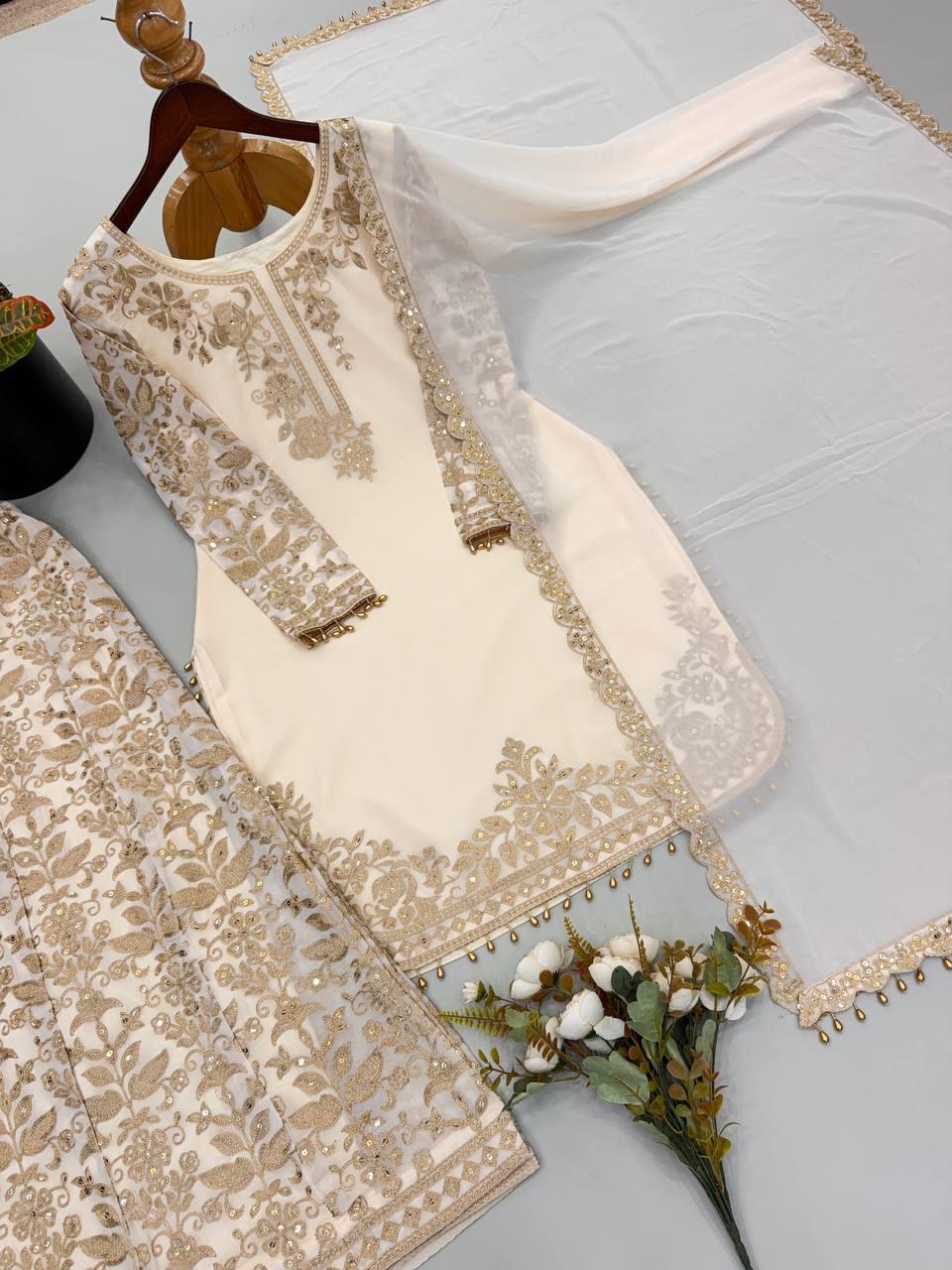 White Faux Georgette Heavy Embroidered Sequin Kurta Pant Dupatta Set