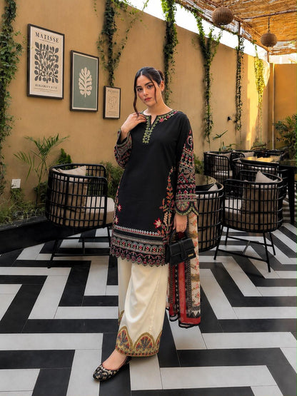 Black Roman Silk Embroidered Kurti Palazzo Set with Printed Dupatta