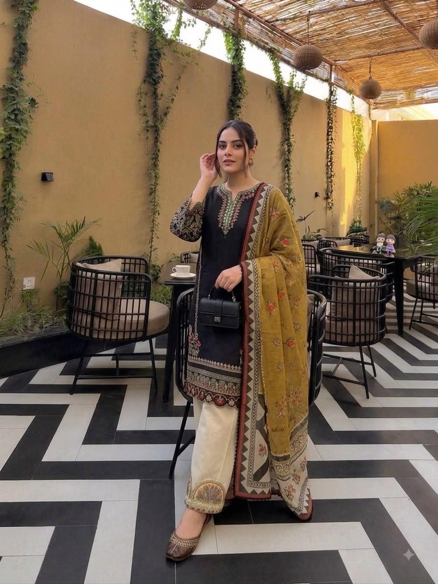 Black Roman Silk Embroidered Kurti Palazzo Set with Printed Dupatta