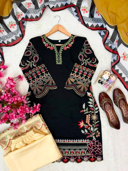 Black Roman Silk Embroidered Kurti Palazzo Set with Printed Dupatta