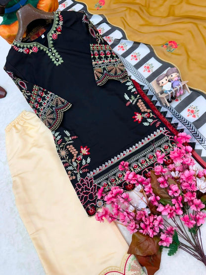Black Roman Silk Embroidered Kurti Palazzo Set with Printed Dupatta