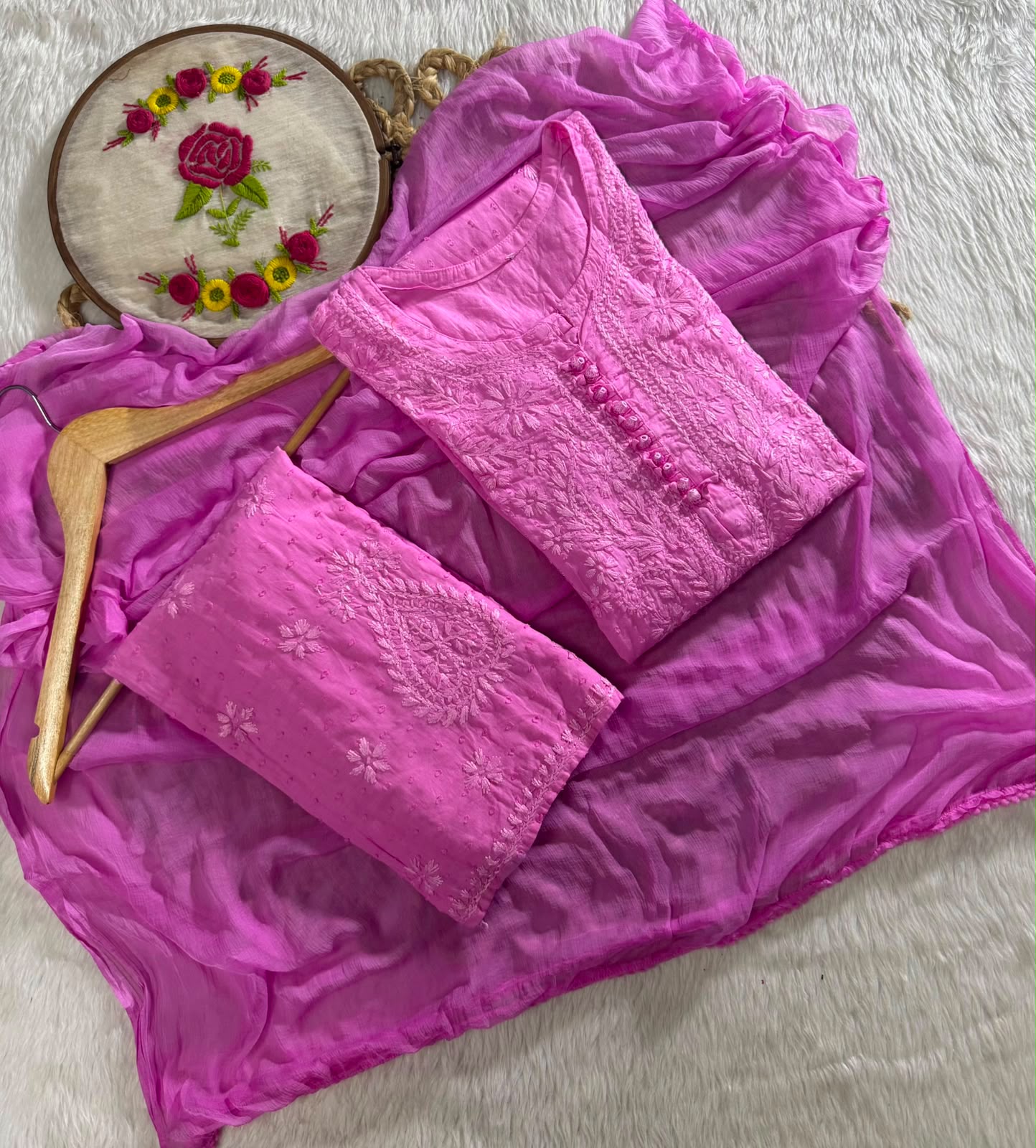Pink Dobby Cotton Chikankari Kurti Palazzo Dupatta Set – Plus Size