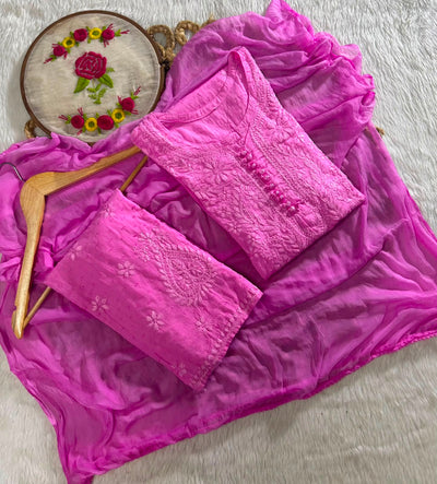 Pink Dobby Cotton Chikankari Kurti Palazzo Dupatta Set – Plus Size