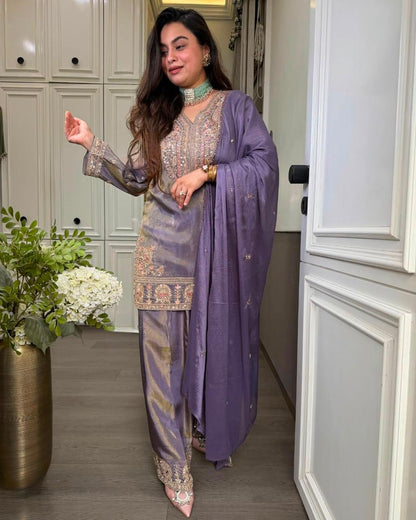 Lavendar Ronald Silk Embroidered Palazzo Suit Set with Dupatta