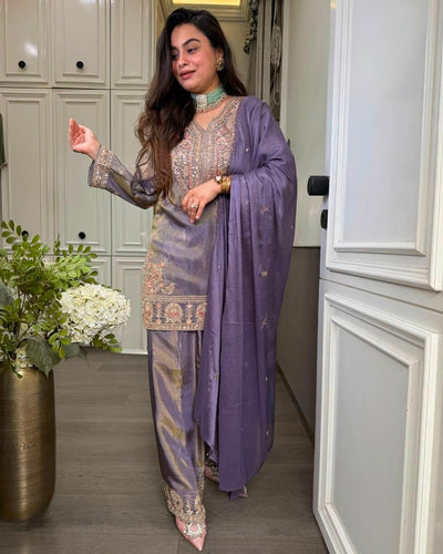 Lavendar Ronald Silk Embroidered Palazzo Suit Set with Dupatta
